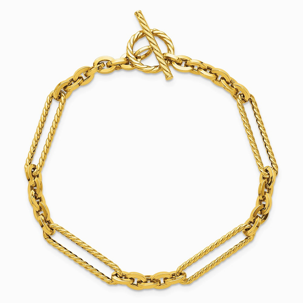 14K Yellow Gold Polished and Textured 7.5in Fancy Link Toggle Bracelet - Product Photo