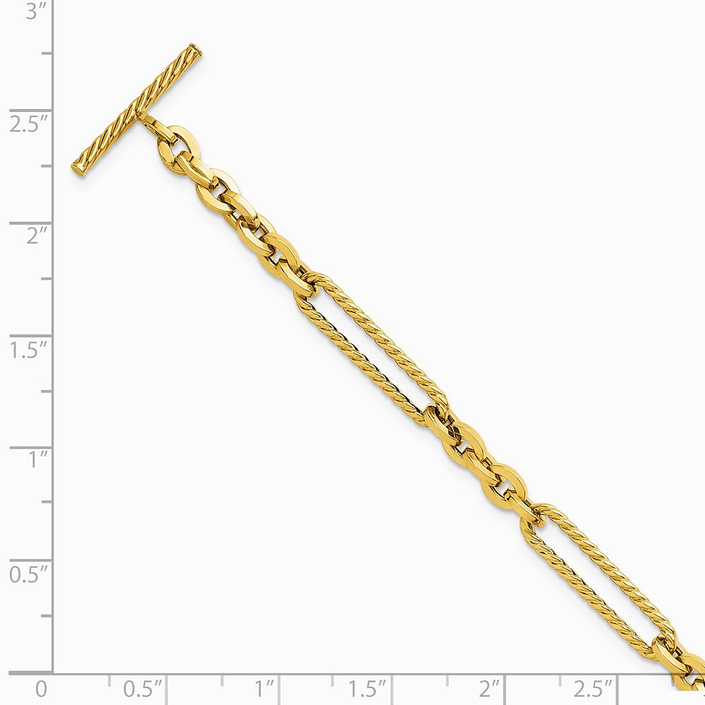 14K Yellow Gold Polished and Textured 7.5in Fancy Link Toggle Bracelet - Product Photo