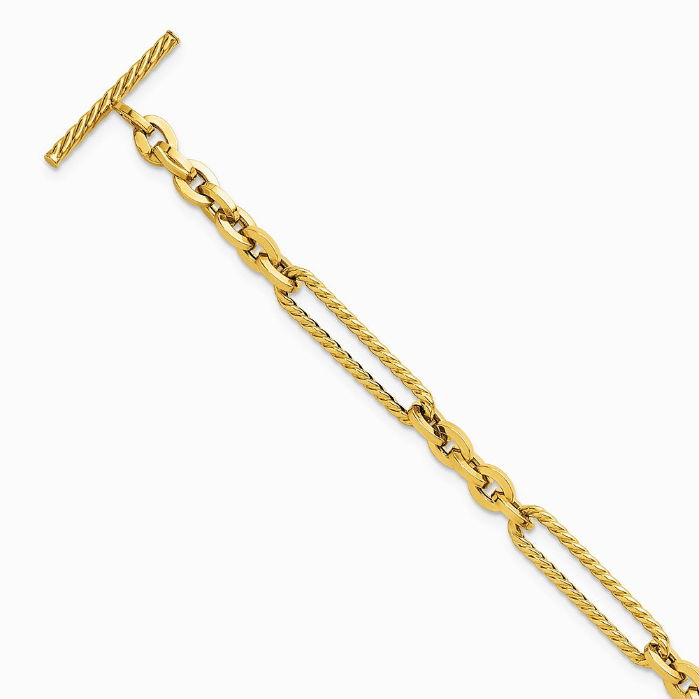 14K Yellow Gold Polished and Textured 7.5in Fancy Link Toggle Bracelet - Product Photo