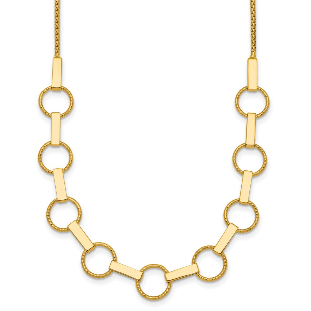 14K Yellow Gold Polished and Textured Circles and Bars Necklace