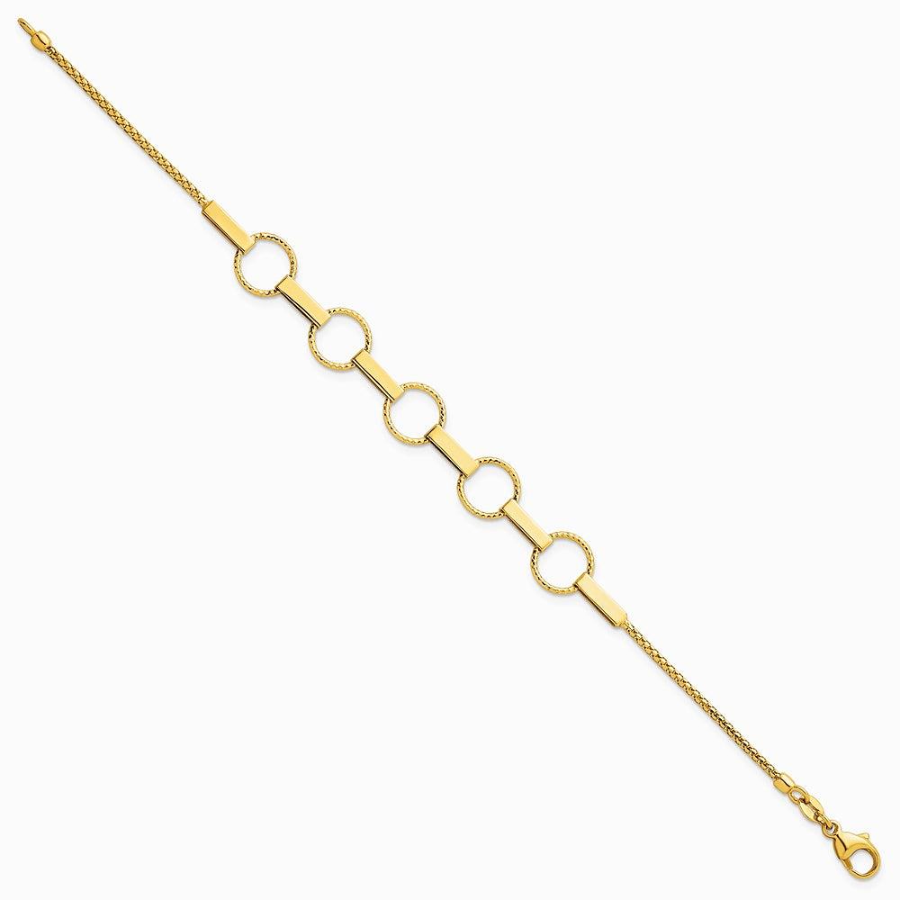 14K Yellow Gold Polished and Textured Circles and Bars Bracelet - Product Photo