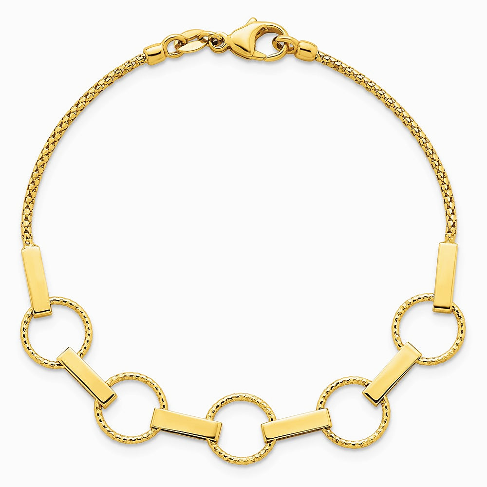 14K Yellow Gold Polished and Textured Circles and Bars Bracelet - Product Photo