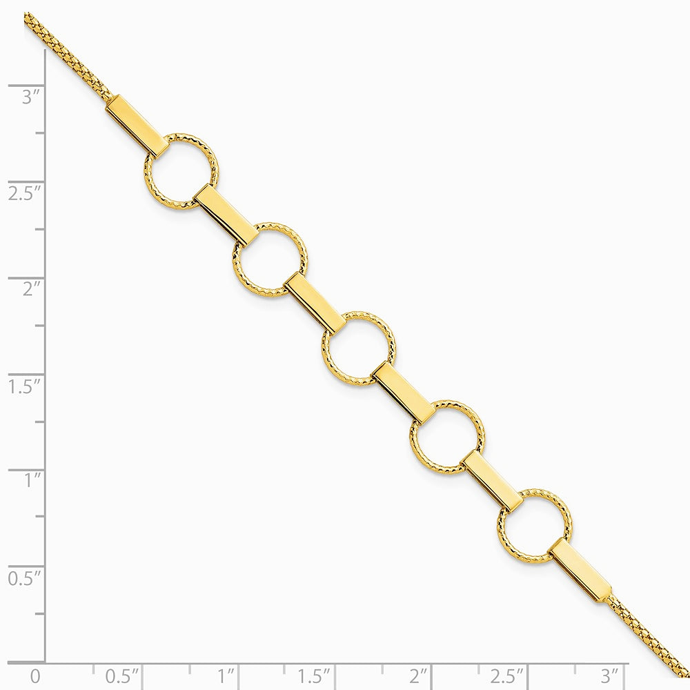 14K Yellow Gold Polished and Textured Circles and Bars Bracelet - Product Photo