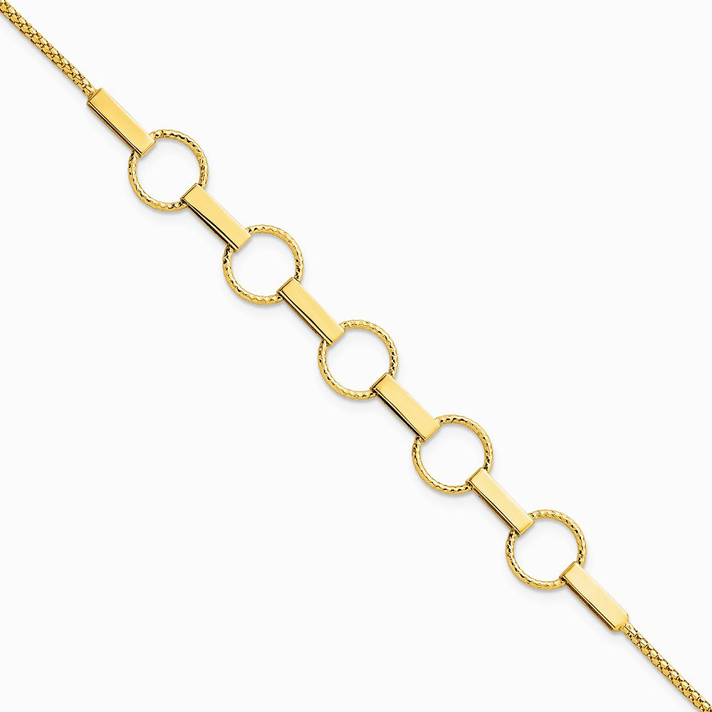 14K Yellow Gold Polished and Textured Circles and Bars Bracelet - Product Photo