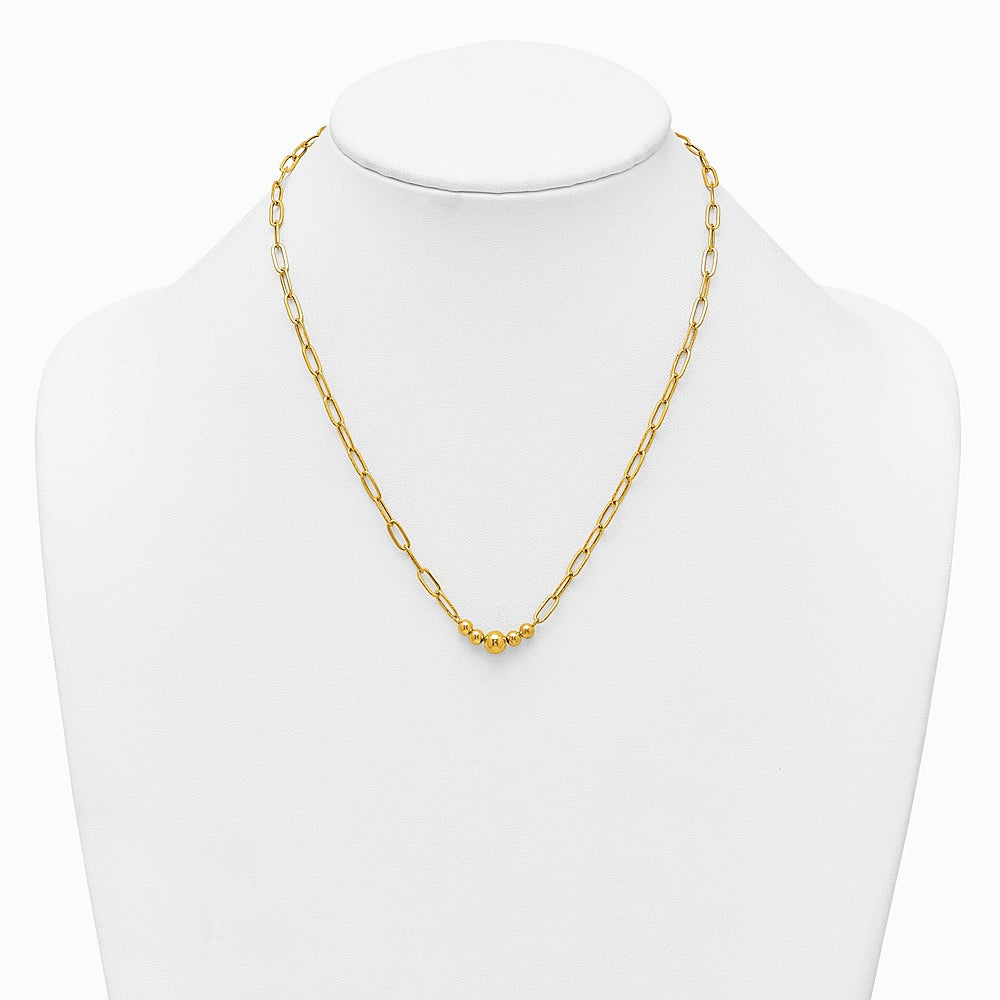 14K Yellow Gold Polished Beaded 18in Paperclip Necklace - Product Photo