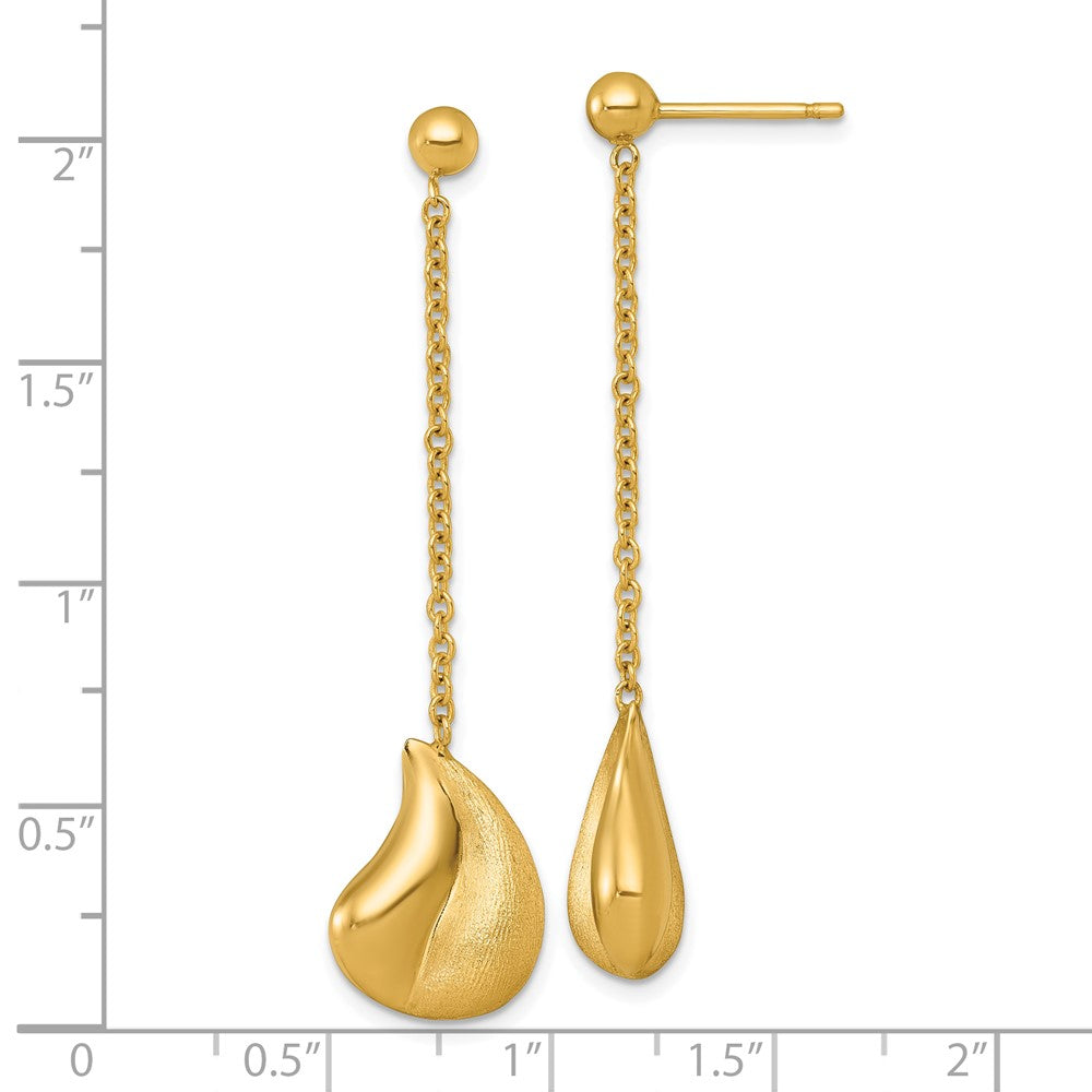 14k Polished And Brushed Curved Teardrop Dangle Post Earrings - Product Photo