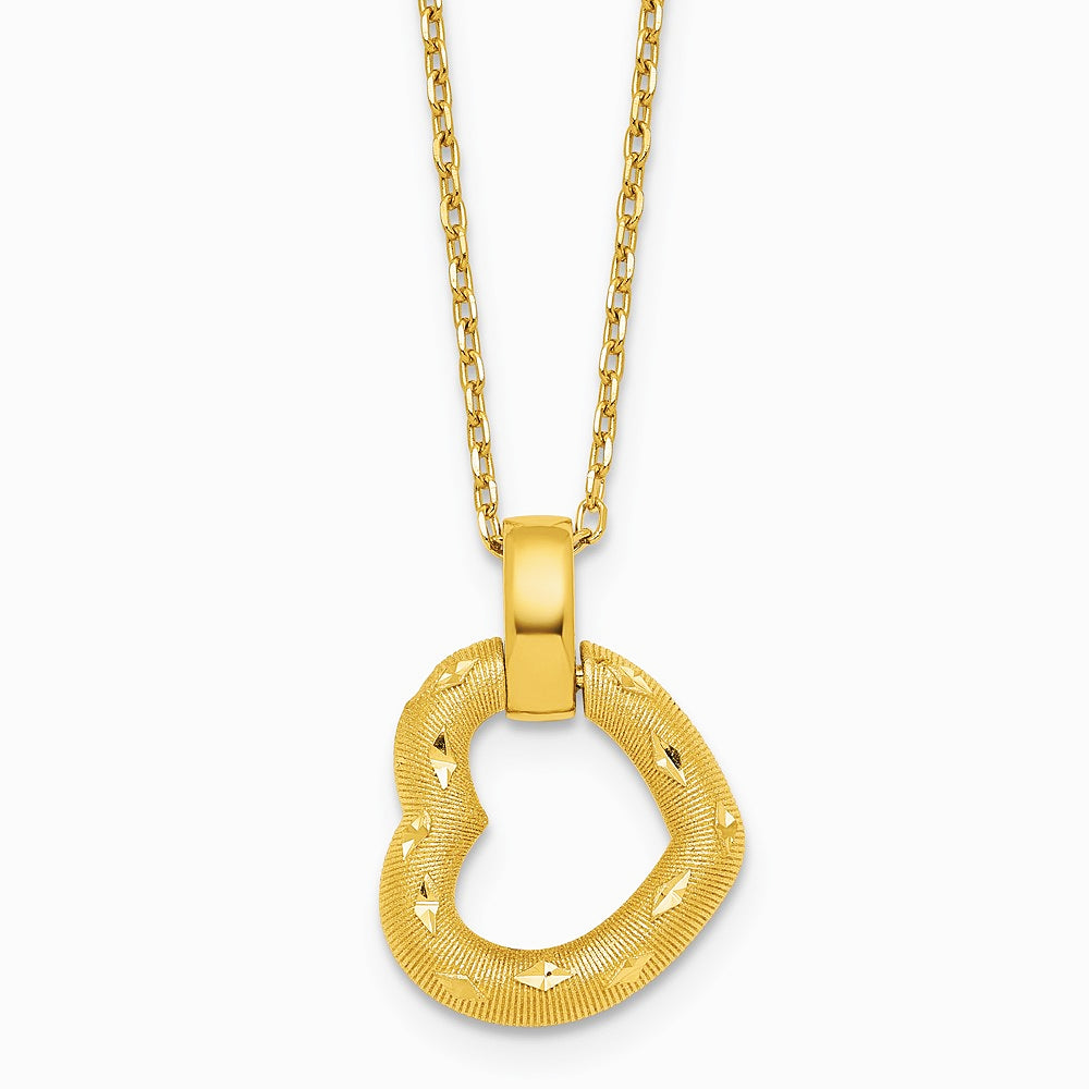 14K Yellow Gold Pol. Textured D/C Fancy Heart 16in with 2.25in Ext Necklace - Product Photo