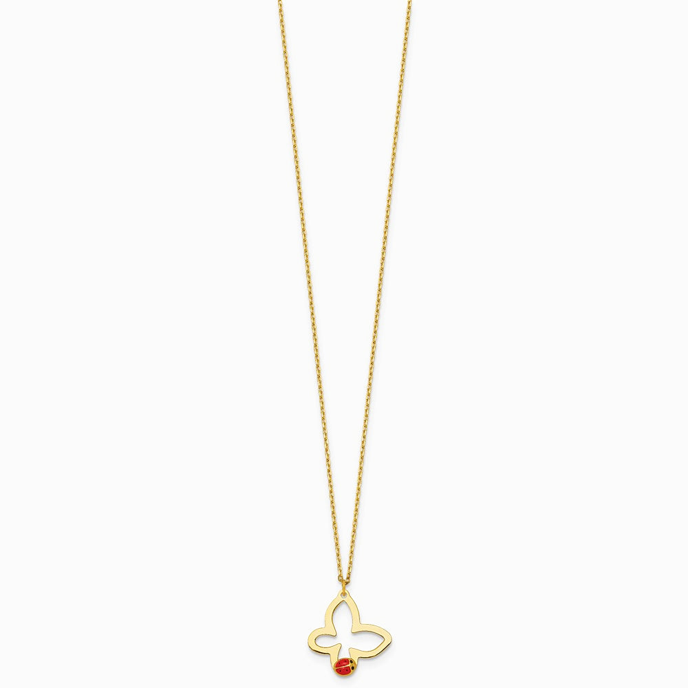 14K Yellow Gold Pol. Butterfly w/ Enamel Ladybug w/.75in Ext Children's Necklace - Product Photo