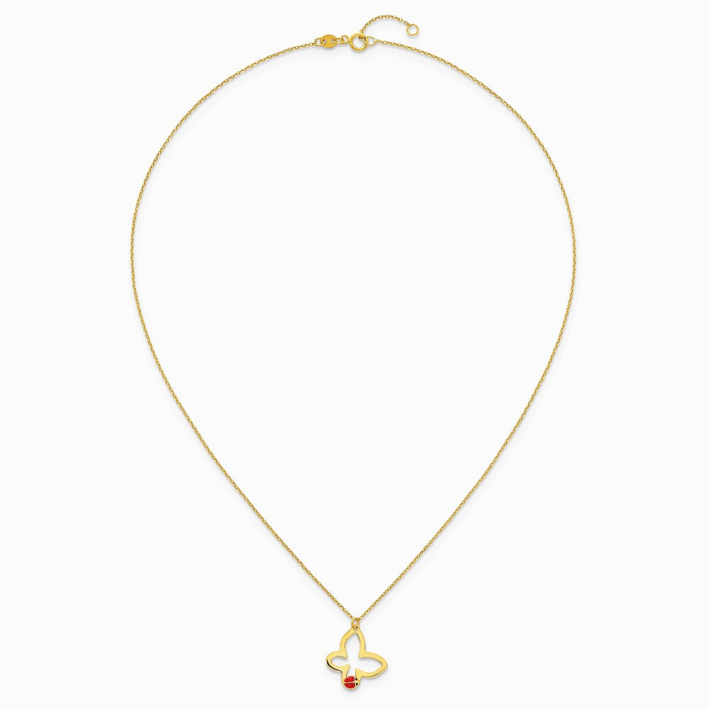 14K Yellow Gold Pol. Butterfly w/ Enamel Ladybug w/.75in Ext Children's Necklace - Product Photo