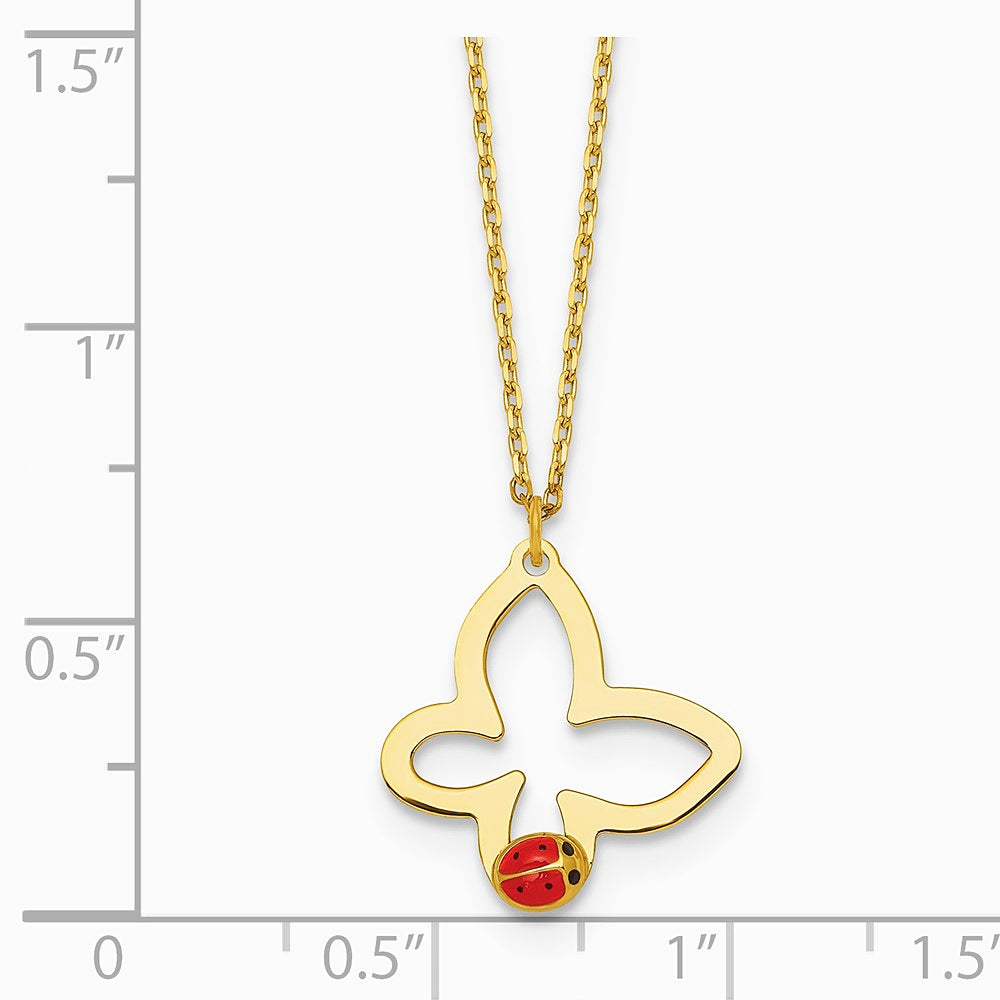 14K Yellow Gold Pol. Butterfly w/ Enamel Ladybug w/.75in Ext Children's Necklace - Product Photo