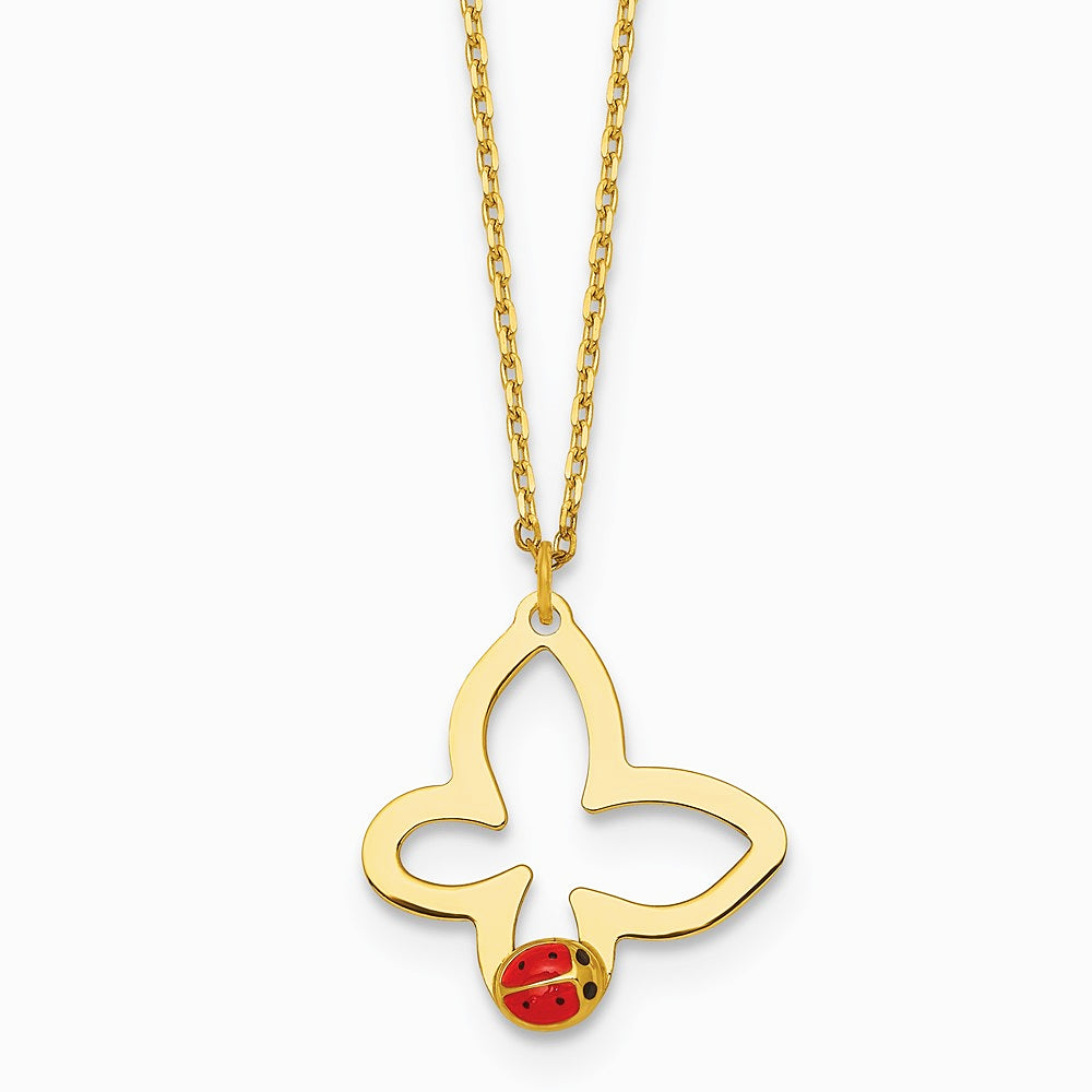 14K Yellow Gold Pol. Butterfly w/ Enamel Ladybug w/.75in Ext Children's Necklace - Product Photo