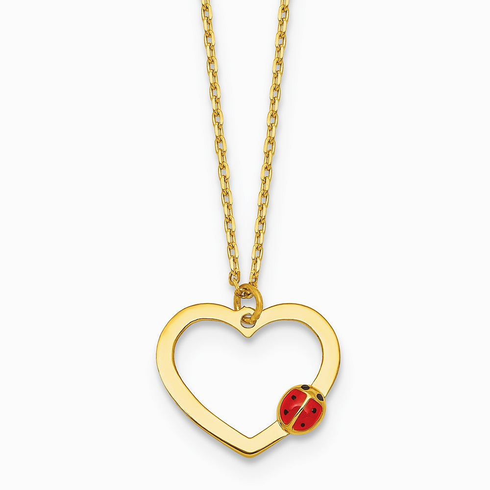 14K Yellow Gold Polished Heart With Enamel Ladybug w/.75in Ext Children's Necklace