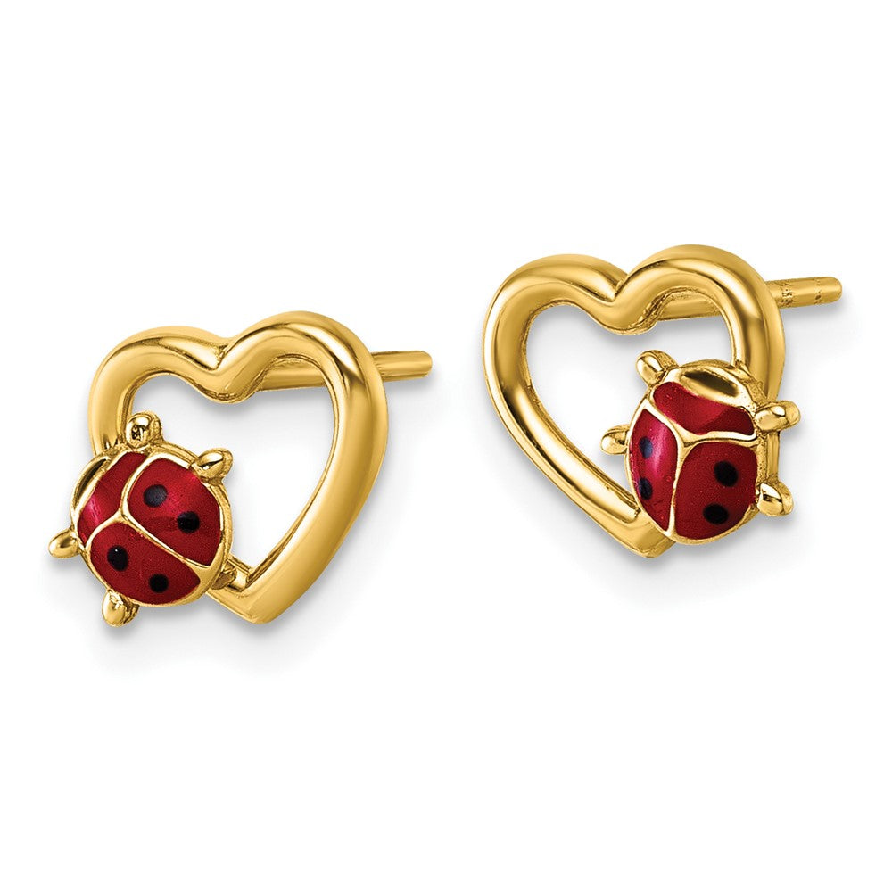14K Polished Heart with Enameled Lady Bug Post Earrings - Product Photo