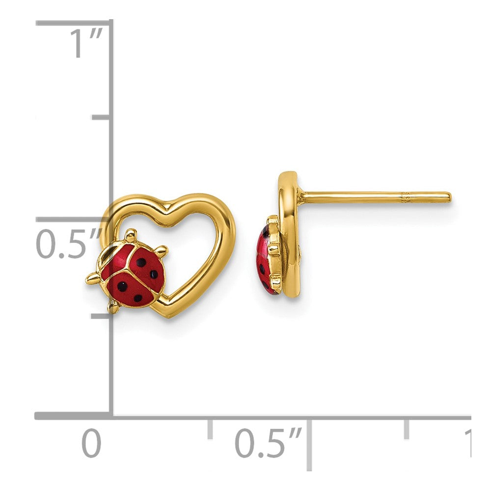 14K Polished Heart with Enameled Lady Bug Post Earrings - Product Photo