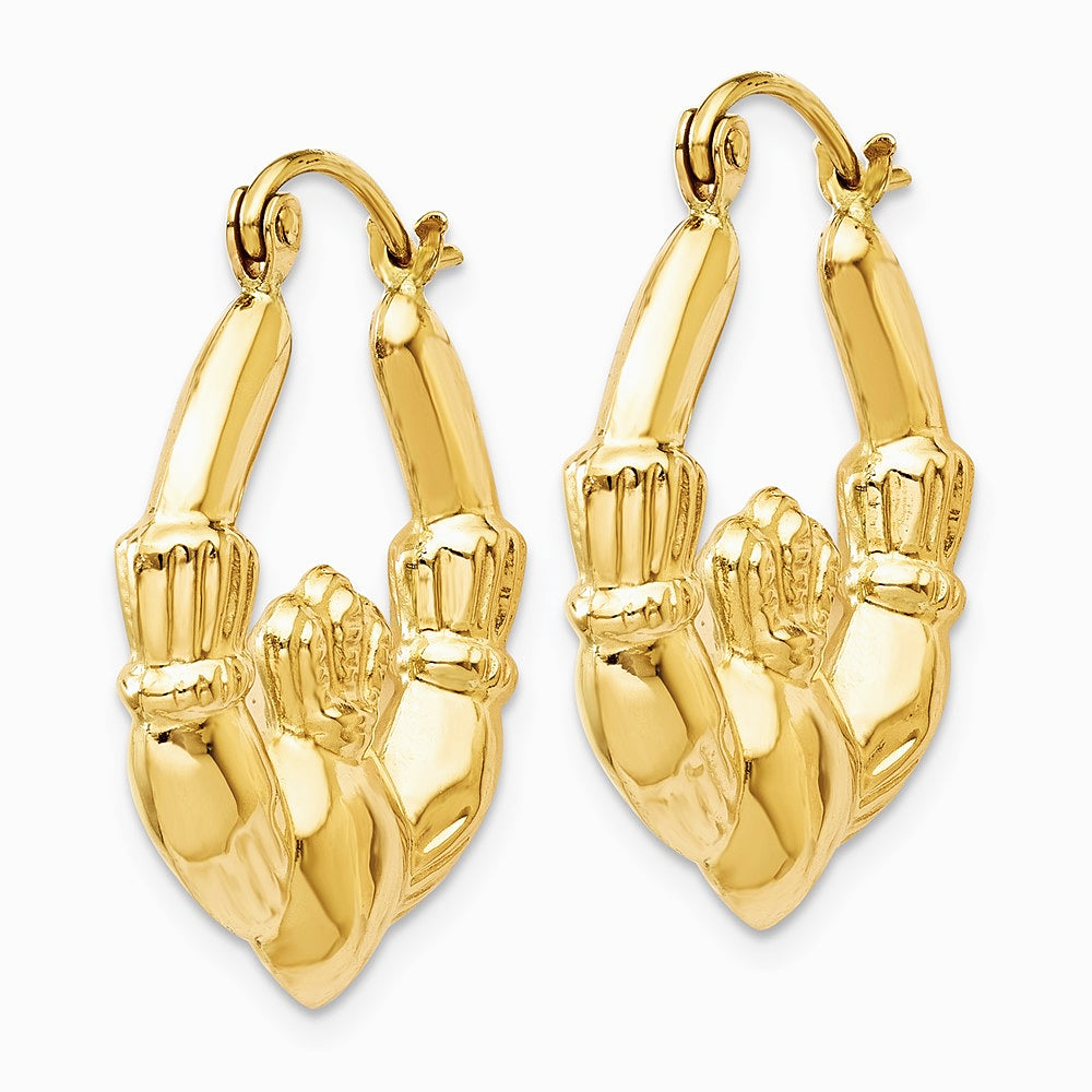 14K Yellow Gold Polished Claddagh Hoop Earrings - Product Photo