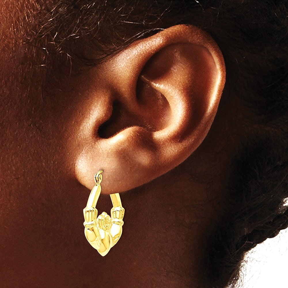 14K Yellow Gold Polished Claddagh Hoop Earrings - Product Photo