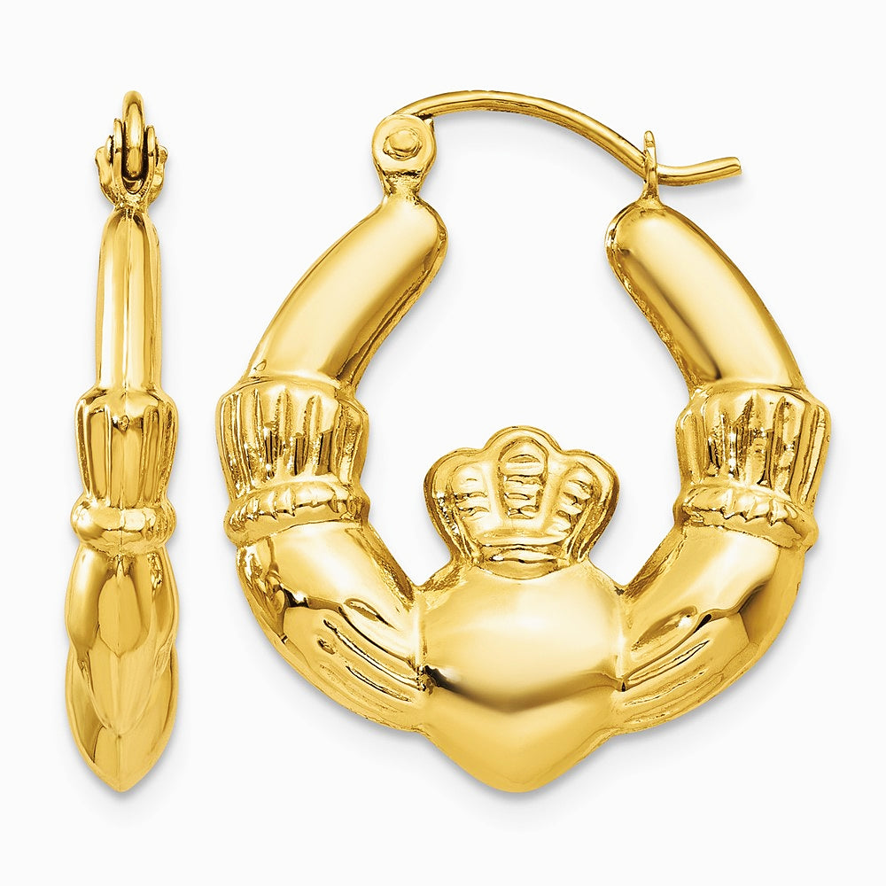 14K Yellow Gold Polished Claddagh Hoop Earrings