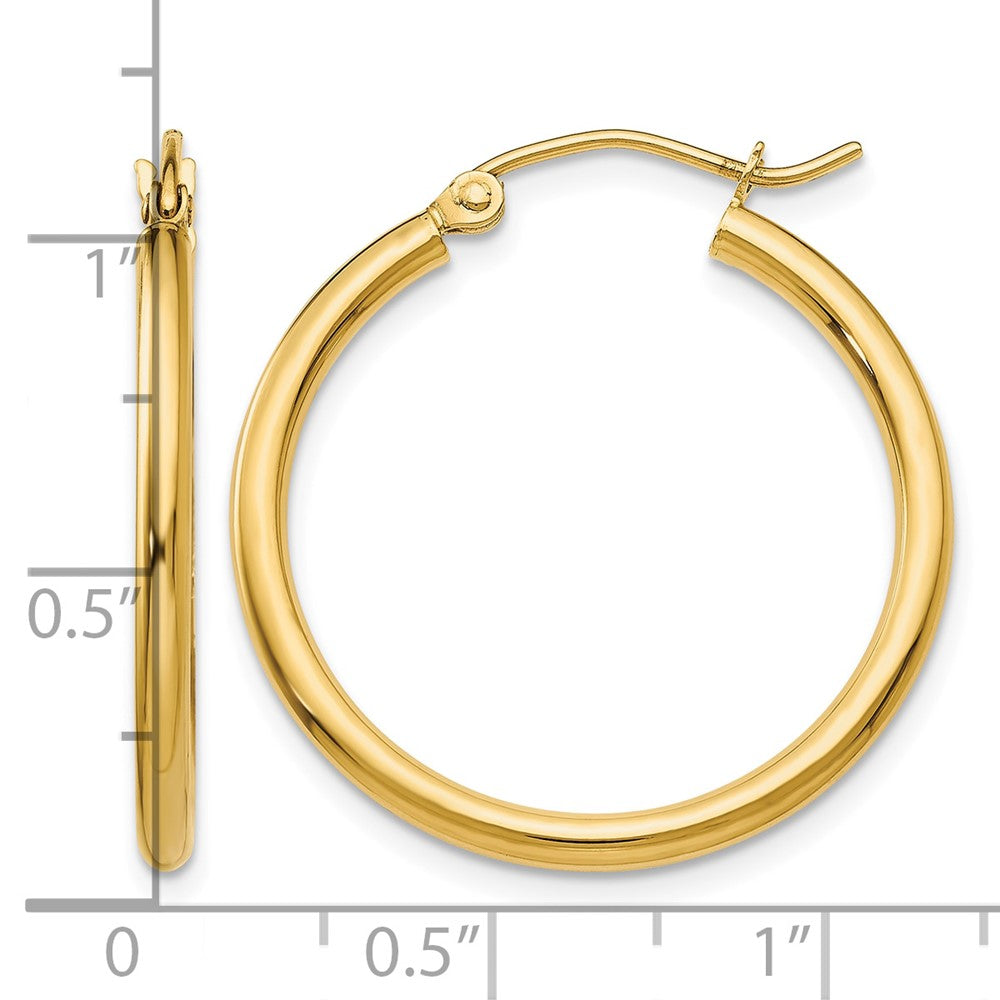 14K Yellow Gold Polished 2x25mm Lightweight Tube Hoop Earrings - Product Photo