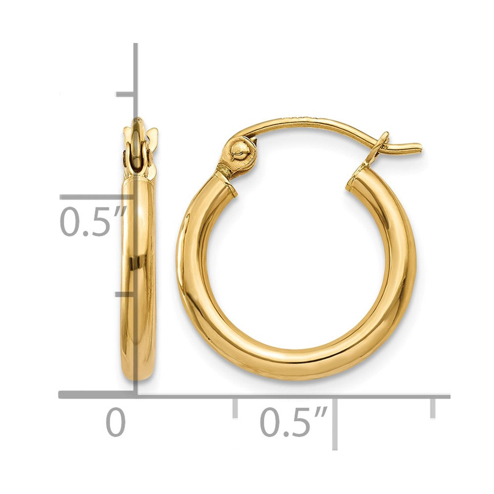 14K Yellow Gold Polished 2x15mm Lightweight Tube Hoop Earrings - Product Photo