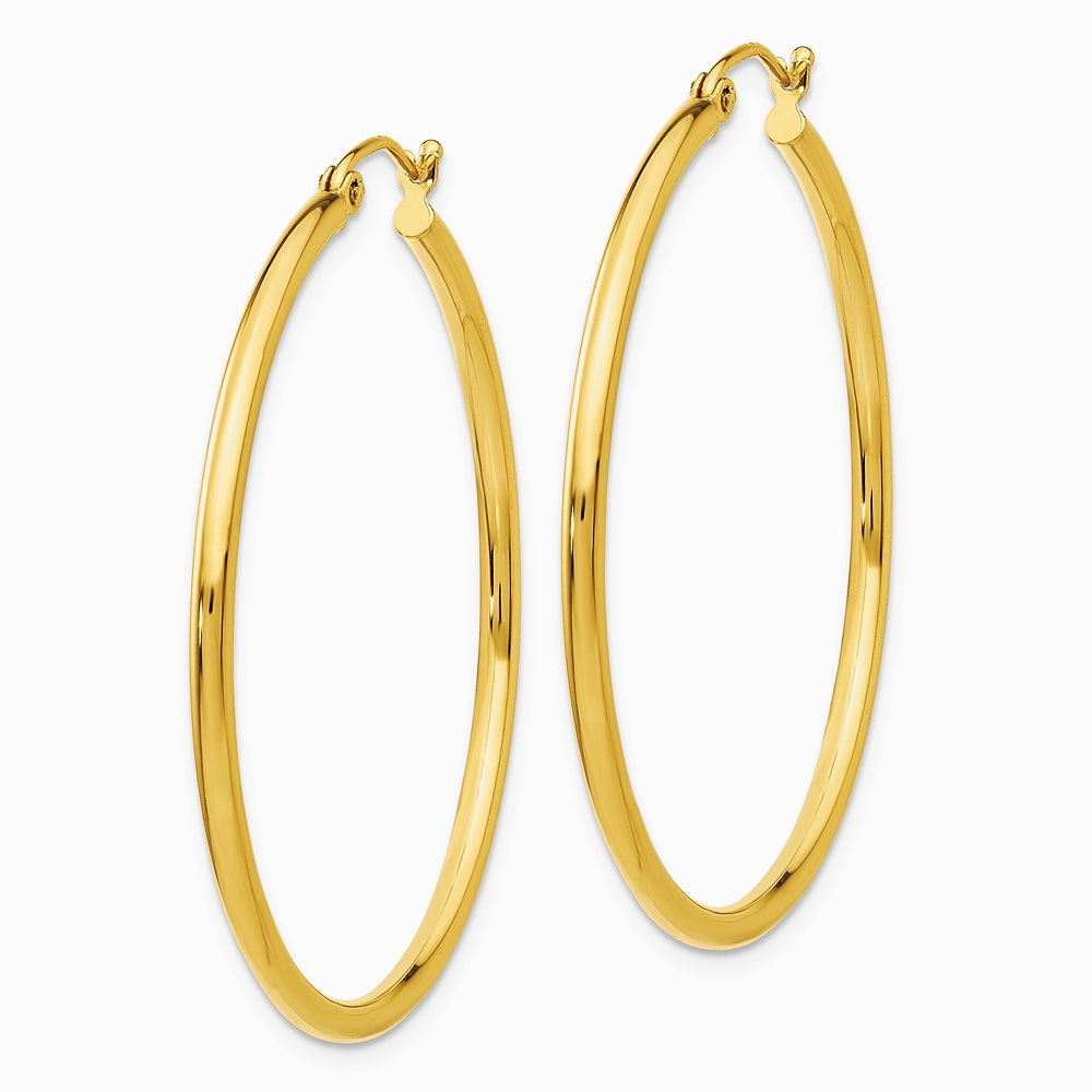 14K Yellow Gold Polished 2x40 mm Lightweight Tube Hoop Earrings - Product Photo