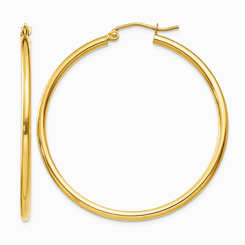14K Yellow Gold Polished 2x40 mm Lightweight Tube Hoop Earrings - Product Photo