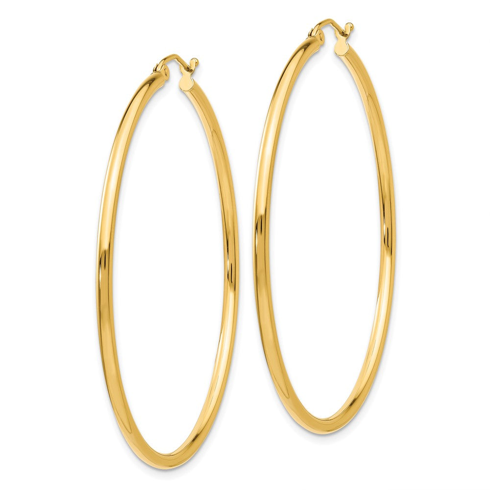 14K Yellow Gold Polished 2x50mm Lightweight Tube Hoop Earrings - Product Photo