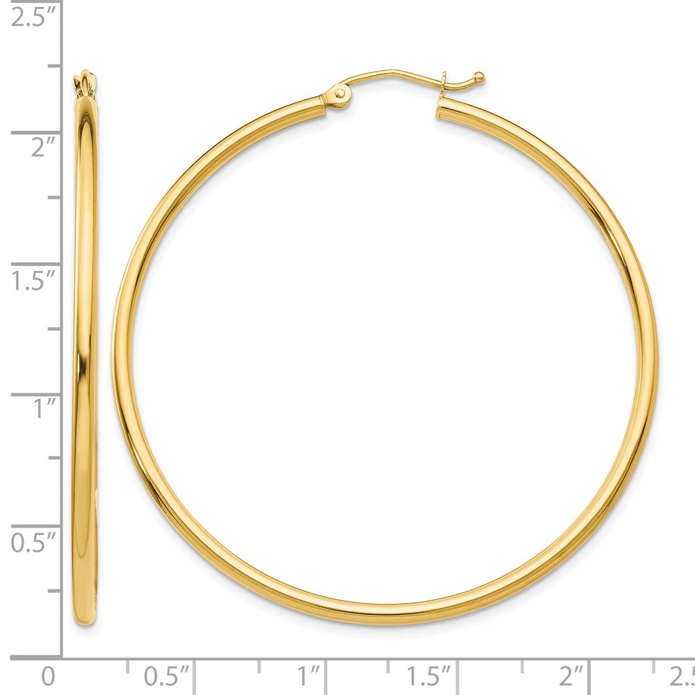 14K Yellow Gold Polished 2x50mm Lightweight Tube Hoop Earrings - Product Photo