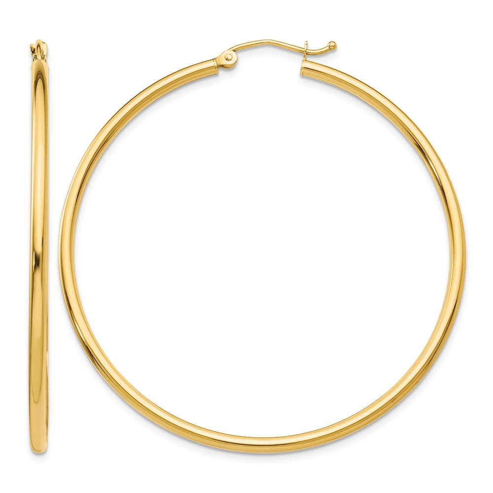14K Yellow Gold Polished 2x50mm Lightweight Tube Hoop Earrings - Product Photo