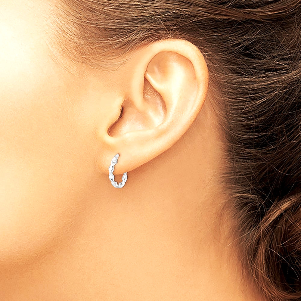 10K White Gold Textured Twisted Hinged Hoop Earrings - Product Photo