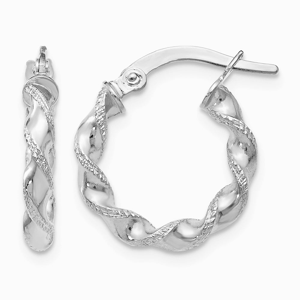 10K White Gold Textured Twisted Hinged Hoop Earrings