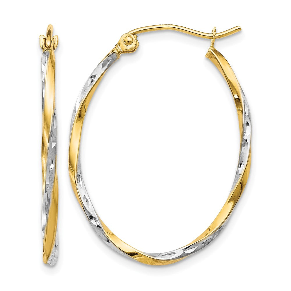 10K Yellow with Rhodium with Rhodium Oval Hinged Hoop Earrings