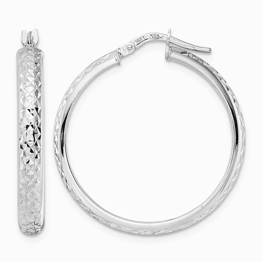 14K White Gold Diamond Cut Hoop Earrings - Product Photo