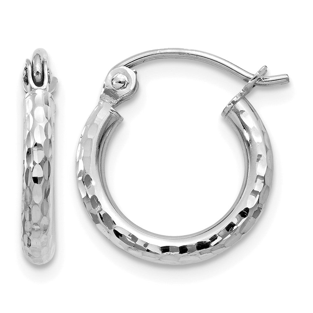 14K White Gold Diamond-cut 2mm Round Tube Hoop Earrings - Product Photo