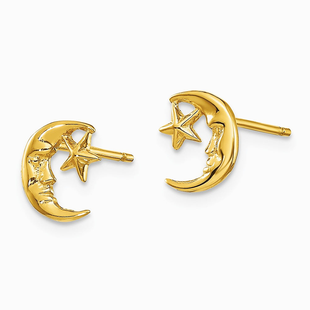14K Yellow Gold Moon and Star Post Earrings - Product Photo