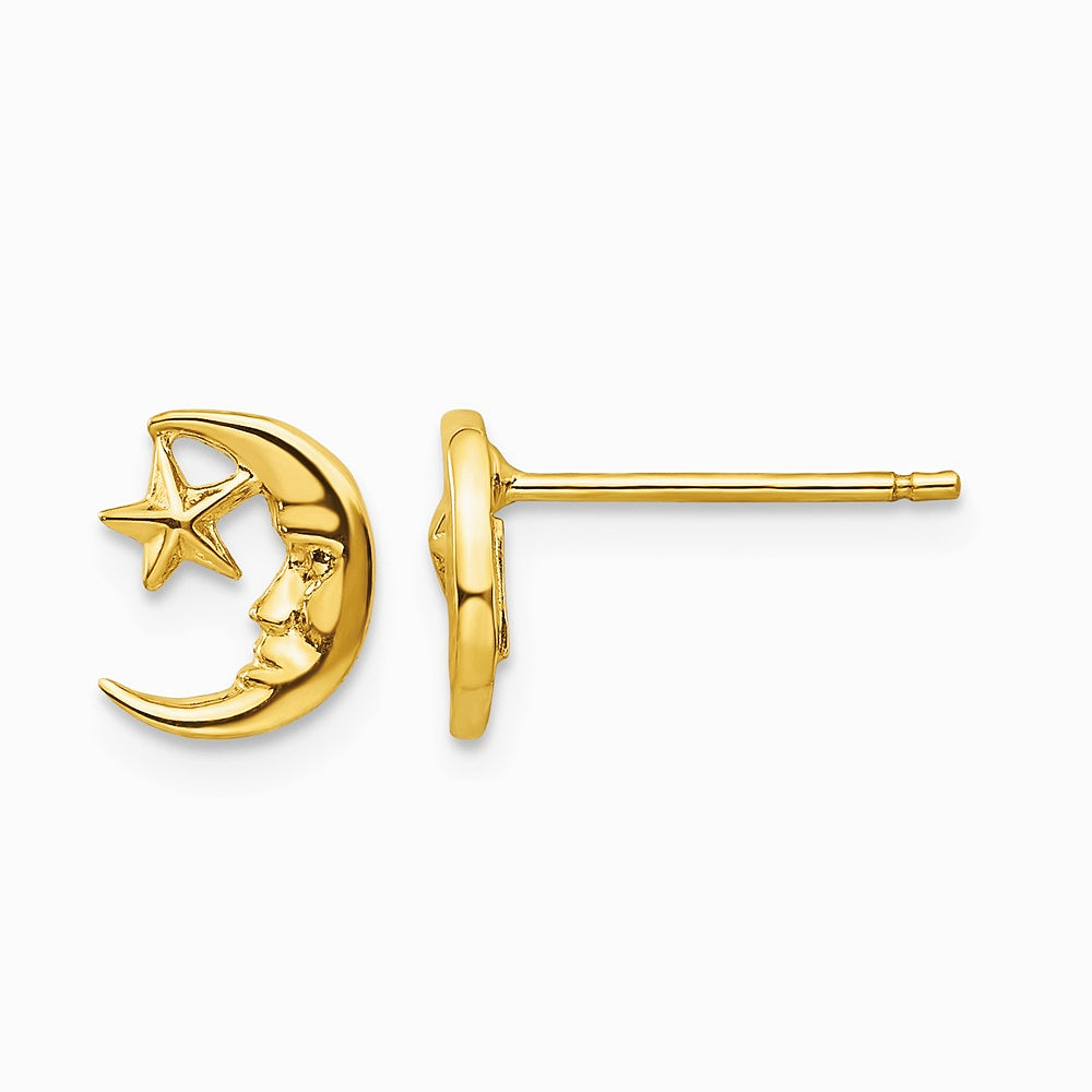 14K Yellow Gold Moon and Star Post Earrings - Product Photo