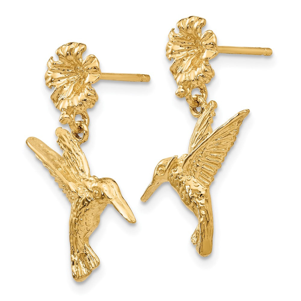 14k Hummingbird Dangles from Flower Post Earrings - Product Photo