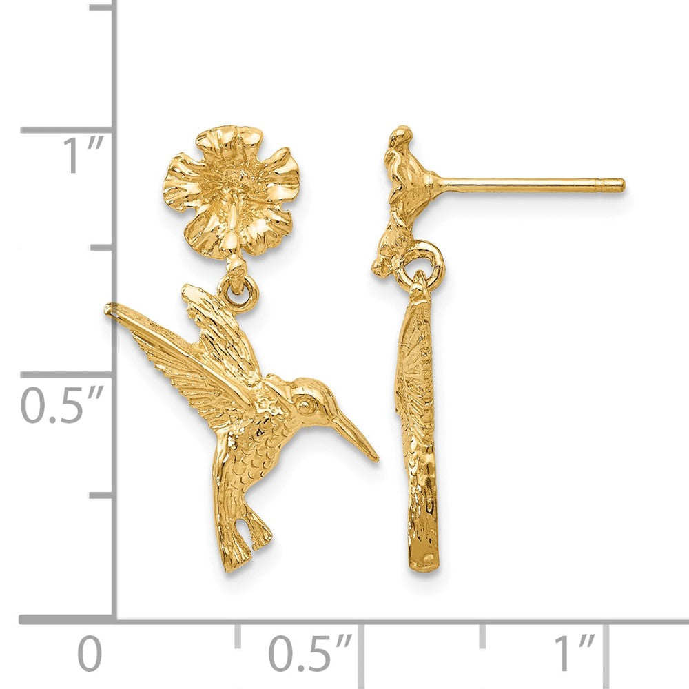 14k Hummingbird Dangles from Flower Post Earrings - Product Photo