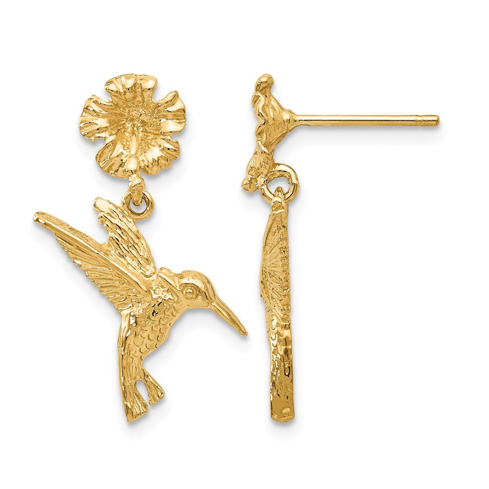 14K Yellow Gold Hummingbird Dangles from Flower Post Earrings