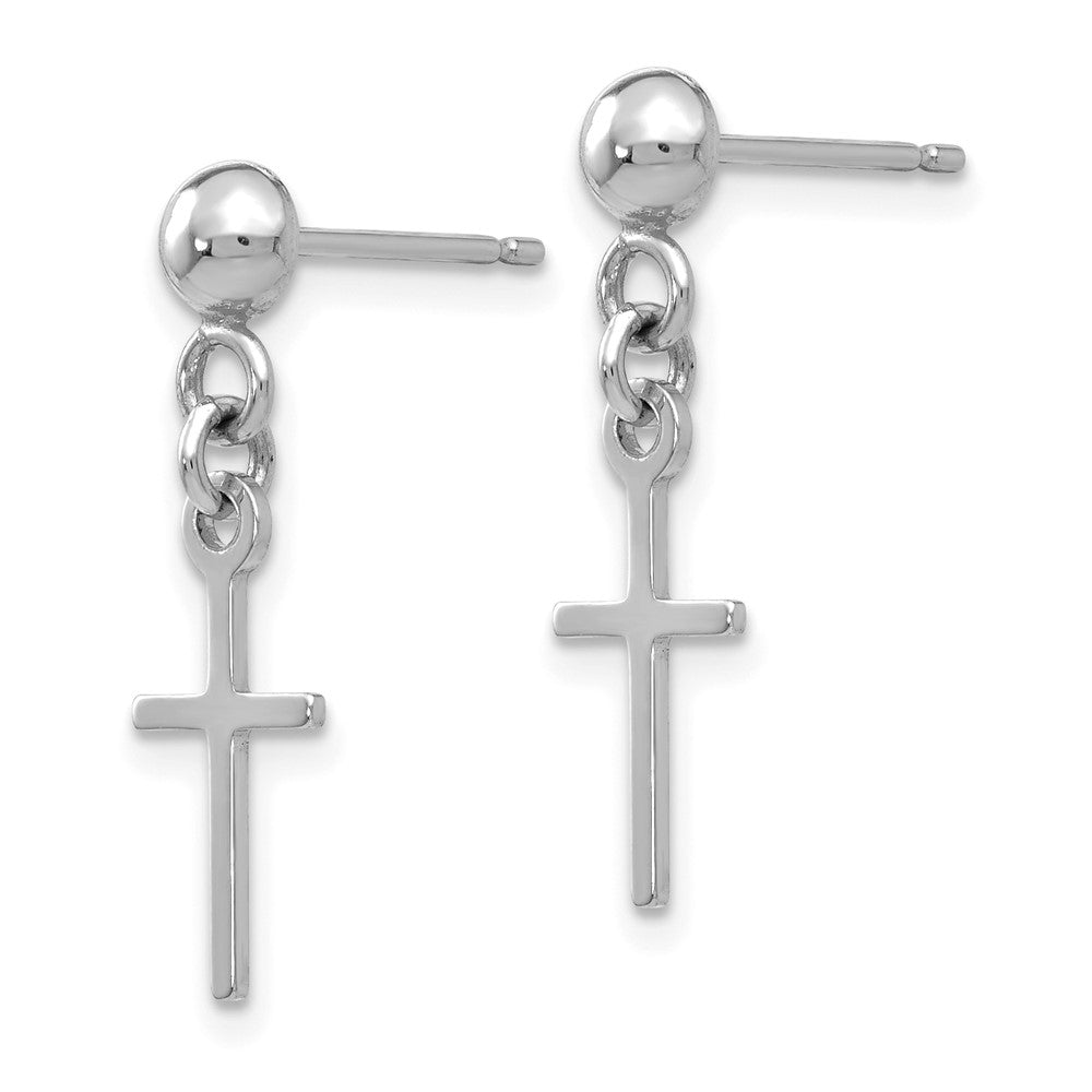 14k White Gold Polished Cross Dangle Post Earrings - Product Photo