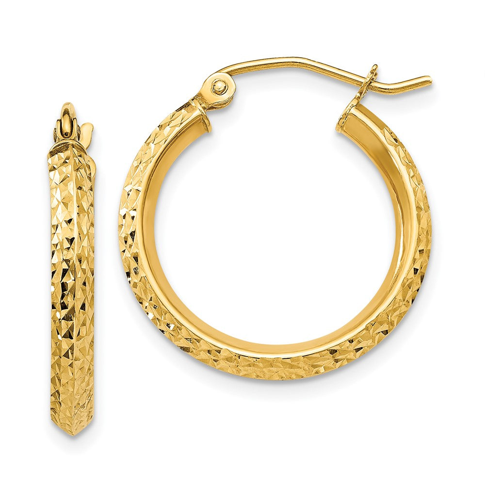 14K Yellow Gold Knife Edge Diamond-cut 2.5x20mm Hollow Hoop Earrings - Product Photo