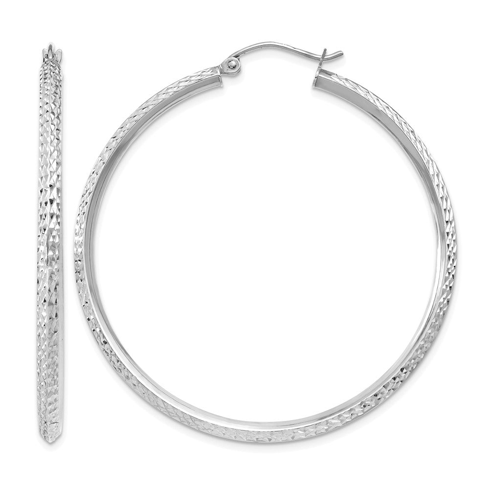 14K White Gold Knife Edge Diamond-cut Hollow Hoop Earrings