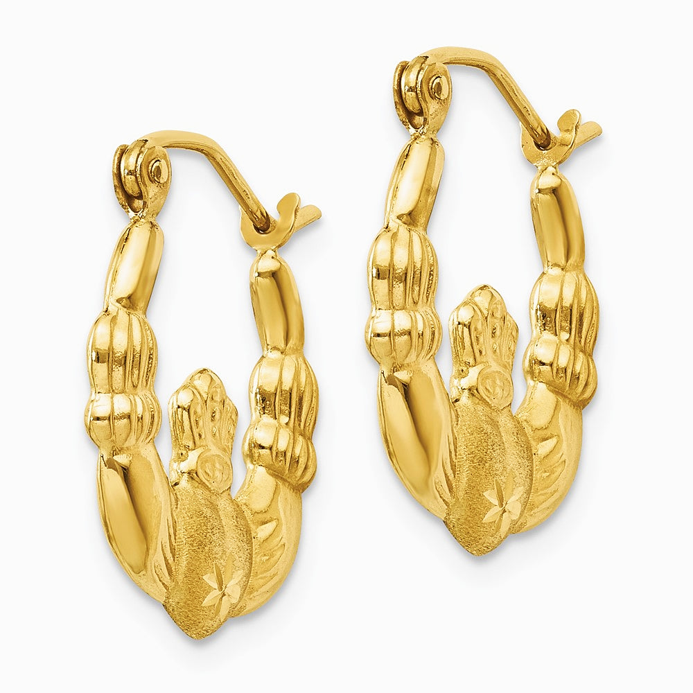 14K Yellow Gold Polished and Satin Claddagh Hoop Earrings - Product Photo