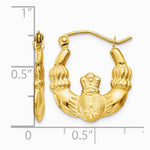 14K Yellow Gold Polished and Satin Claddagh Hoop Earrings - Product Photo