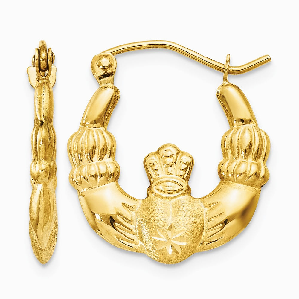 14K Yellow Gold Polished and Satin Claddagh Hoop Earrings - Product Photo
