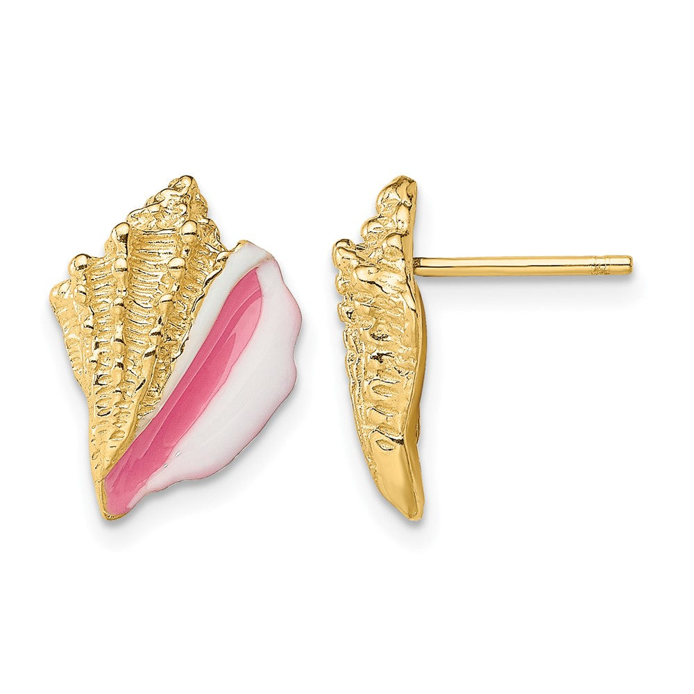 14K Yellow Gold White and Pink Enamel Conch Shell Post Earrings