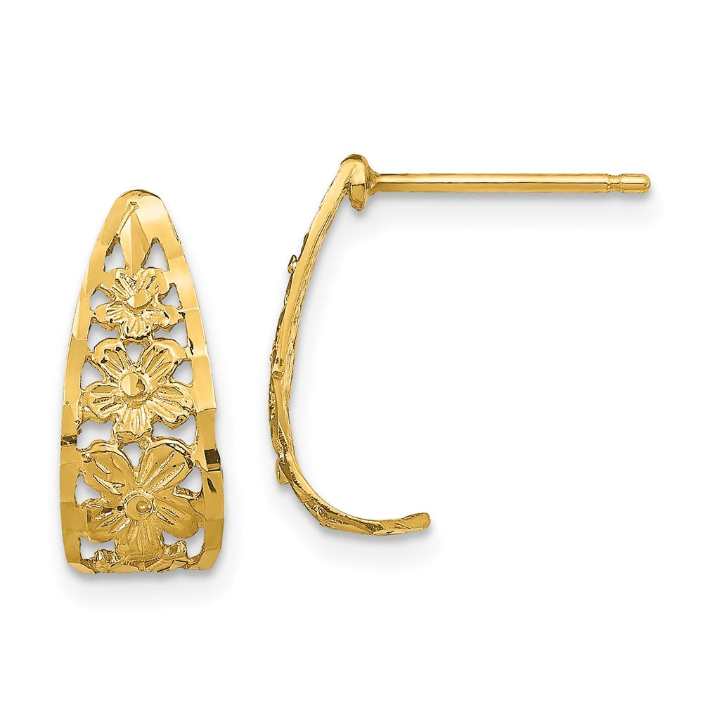 14K Yellow Gold Diamond-Cut Flower J-Hoop Post Earrings