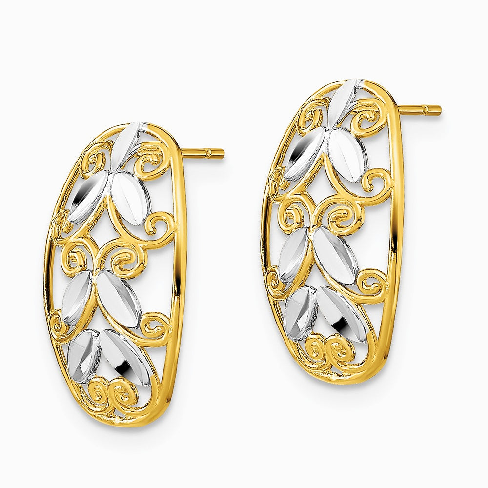 14K Yellow & Rhodium with Rhodium Oval Diamond-Cut Filigree Post Dangle Earrings - Product Photo