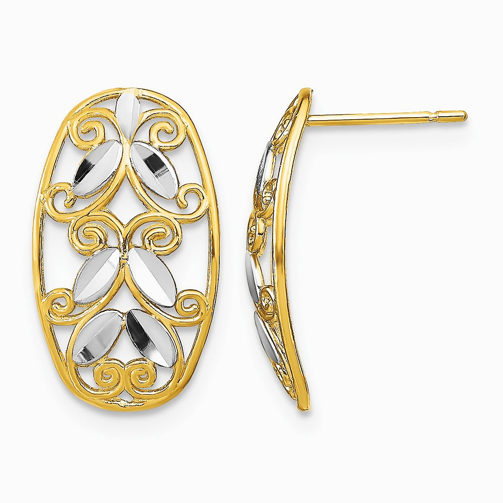 14K Yellow & Rhodium with Rhodium Oval Diamond-Cut Filigree Post Dangle Earrings - Product Photo