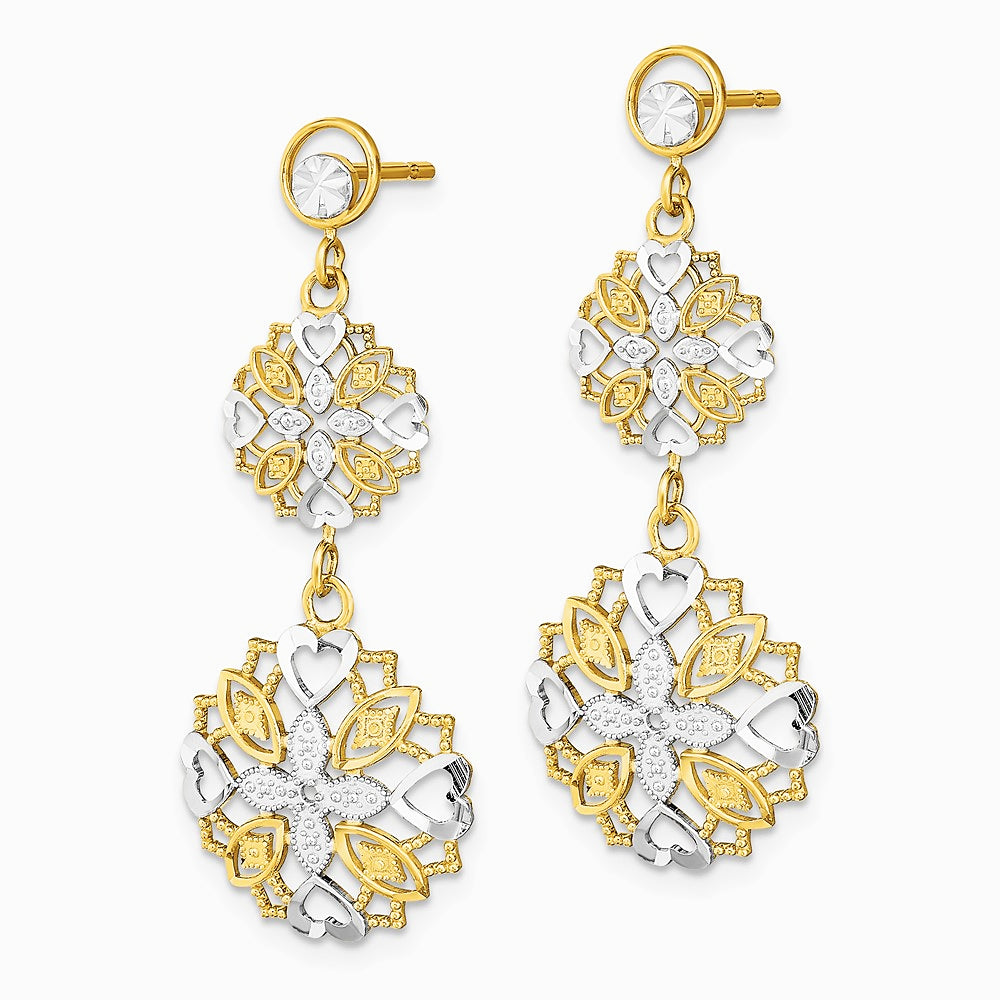 14K Yellow & Rhodium w/ Rhodium Diamond-Cut Flower & Heart Dangle Earrings - Product Photo
