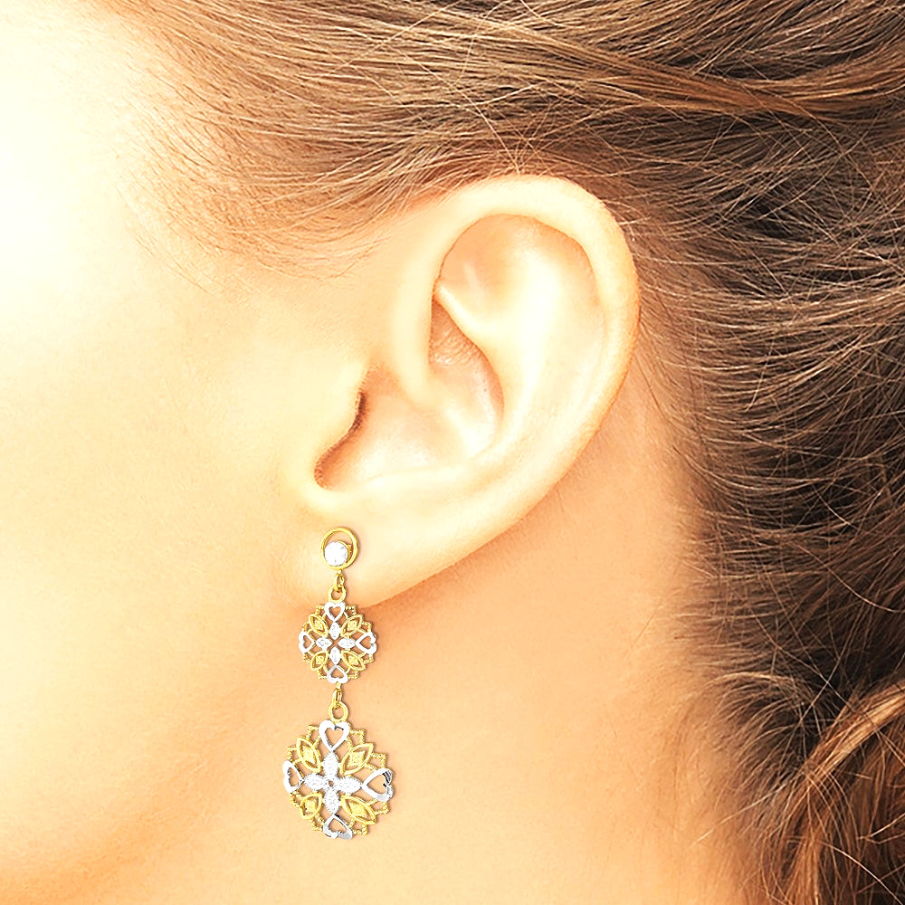 14K Yellow & Rhodium w/ Rhodium Diamond-Cut Flower & Heart Dangle Earrings - Product Photo